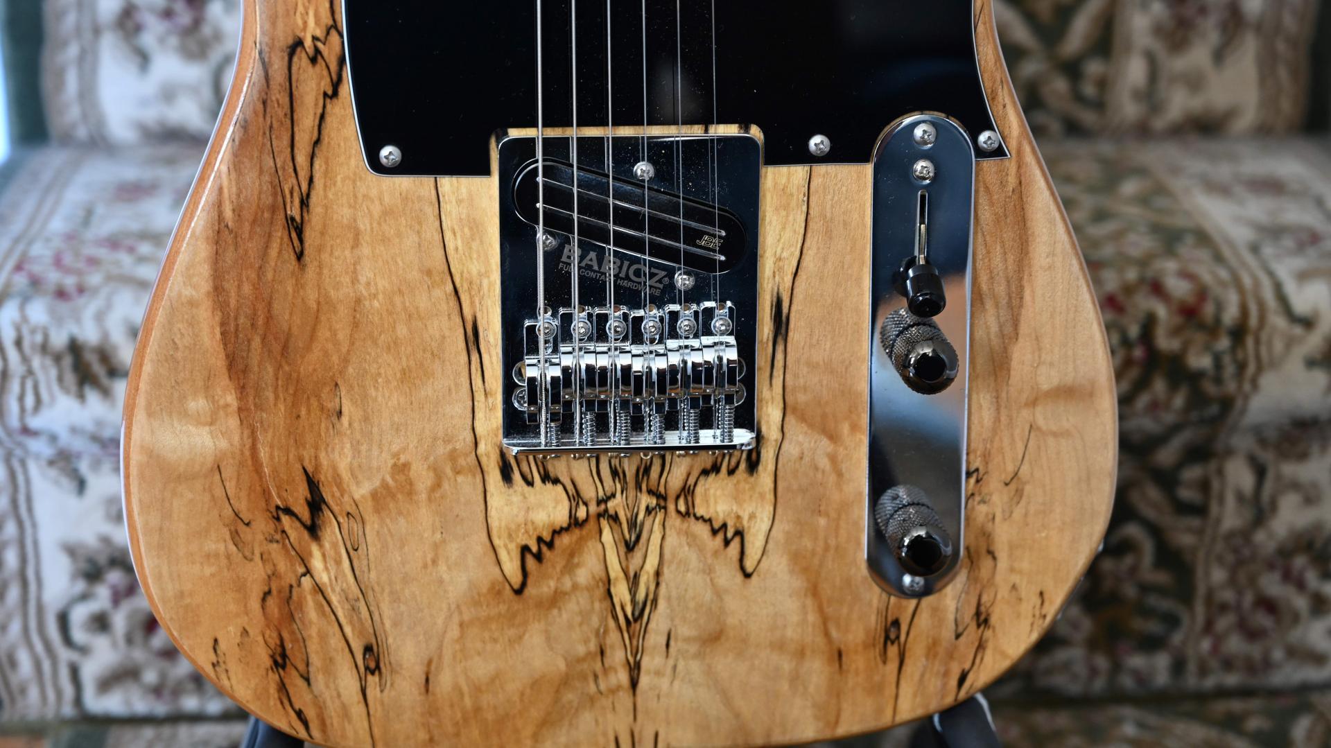 Finished TE style DIY guitar kit with spalted maple veneer built by customer Guy Campo